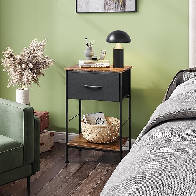 WLIVE Nightstand, End Table with Fabric Storage Drawer and Open Wood Shelf, Bedside Furniture with Steel Frame, Side Table for Bedroom, Dorm, Easy Assembly, Black and Rustic Brown, 24.9" Height - LeafyLoom