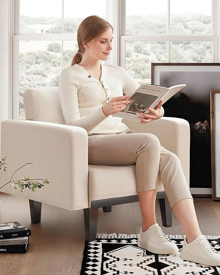 Mid-Century Accent Chair,Beige Linen Fabric Armchair for Living Room,Oversized Upholstered Single Sofa Chair for Bedroom Office Study,Comfy Accent Chairs with Wood Legs, Beige - LeafyLoom