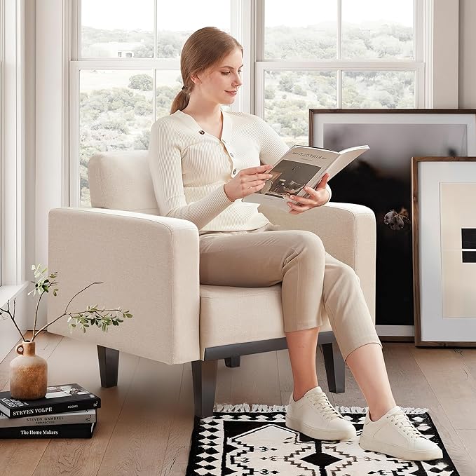 Mid-Century Accent Chair,Beige Linen Fabric Armchair for Living Room,Oversized Upholstered Single Sofa Chair for Bedroom Office Study,Comfy Accent Chairs with Wood Legs, Beige - LeafyLoom