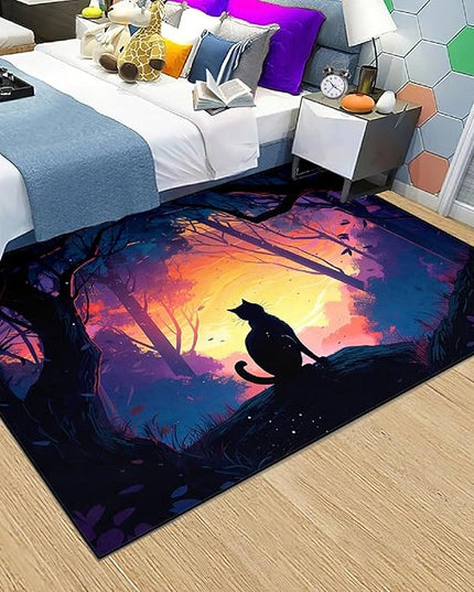 Magic Black Cat Rug - Moon Cat Rug for Girls Room Forestscape Cat Area Rug Black Cat Door Mat Colorful Rug with Black Cat Pattern, 4.5x6 Feet - LeafyLoom