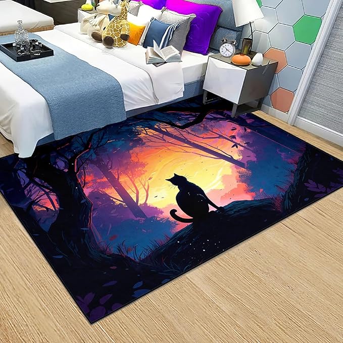 Magic Black Cat Rug - Moon Cat Rug for Girls Room Forestscape Cat Area Rug Black Cat Door Mat Colorful Rug with Black Cat Pattern, 2.5x4 Feet - LeafyLoom