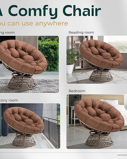 Bme 40" Ergonomic Wicker Papasan Chair with Soft Thick Density Fabric Cushion, High Capacity Steel Frame, 360 Degree Swivel for Living, Bedroom, Reading Room, Lounge, Cinnamon Mocha - Brown Base - LeafyLoom