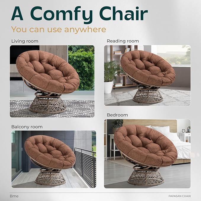 Bme 40" Ergonomic Wicker Papasan Chair with Soft Thick Density Fabric Cushion, High Capacity Steel Frame, 360 Degree Swivel for Living, Bedroom, Reading Room, Lounge, Cinnamon Mocha - Brown Base - LeafyLoom