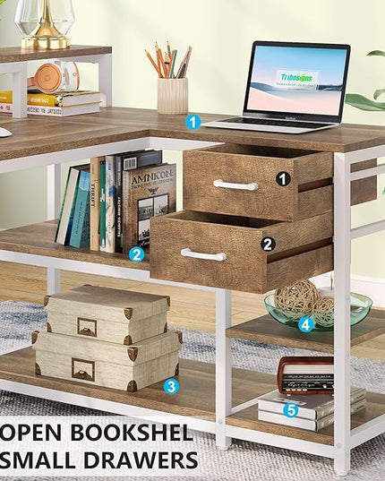 Reversible L-Shaped Computer Desk with hutch & Shelf,white - LeafyLoom