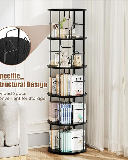 5 Tier Rotating Bookshelf, 360 ° Display Stackable Spinning Bookshelf Tower, Narrow Space Saving Tall Floor Standing Swivel Bookcase Corner Storage Organizer for Bedroom, Living Room, Black - LeafyLoom