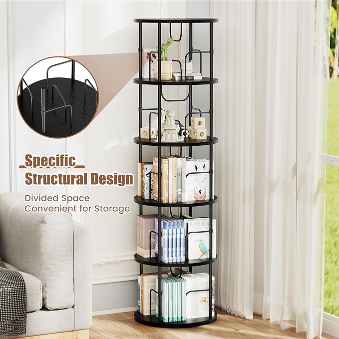 5 Tier Rotating Bookshelf, 360 ° Display Stackable Spinning Bookshelf Tower, Narrow Space Saving Tall Floor Standing Swivel Bookcase Corner Storage Organizer for Bedroom, Living Room, Black - LeafyLoom