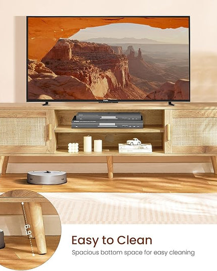 Iwell Boho Rattan TV Stand for 70 inch TV, Large TV Console, Entertainment Center with Adjustable Shelf and 2 Cabinets, Mid Century Modern TV Stands for Living Room, Bedroom, Natural - LeafyLoom