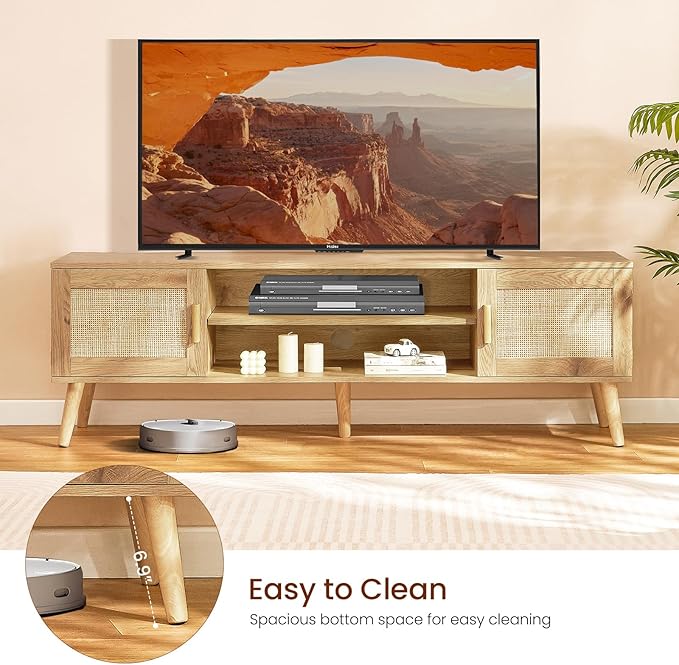 Iwell Boho Rattan TV Stand for 70 inch TV, Large TV Console, Entertainment Center with Adjustable Shelf and 2 Cabinets, Mid Century Modern TV Stands for Living Room, Bedroom, Natural - LeafyLoom