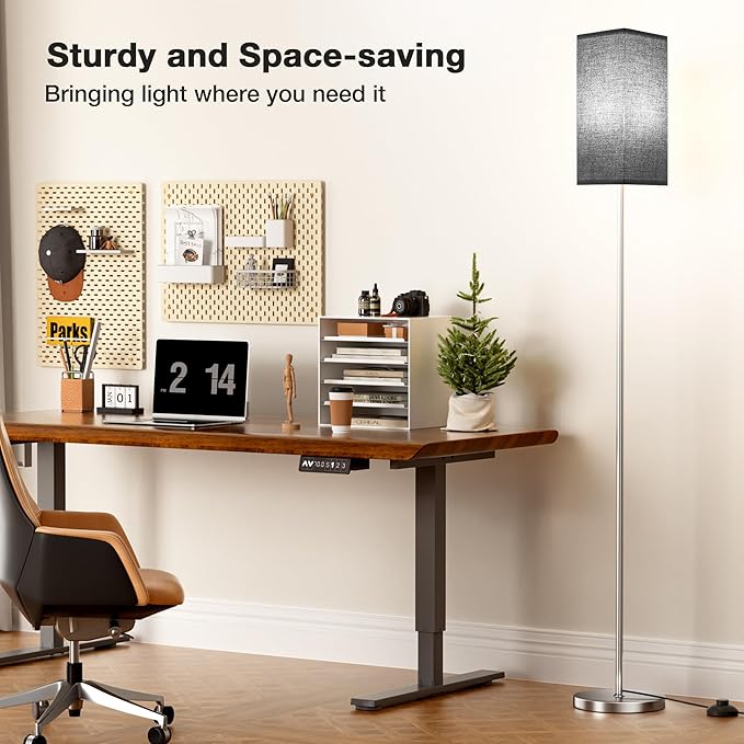 Ambimall Remote Control Floor Lamp, Stepless Dimmable, 64 Inches Tall, Include 9W Bulb, Standing Lamp for Living Room Bedroom Office (Black & Sliver) - LeafyLoom