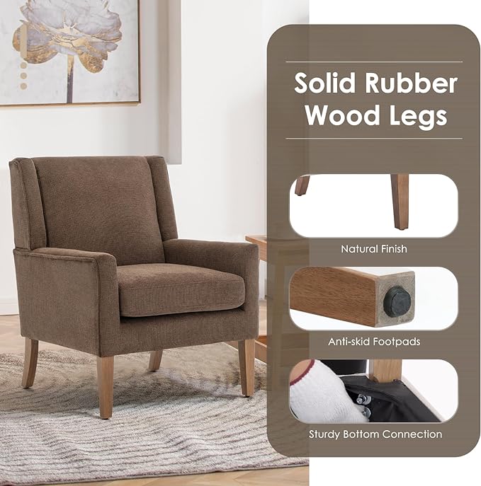 COLAMY Modern Wingback Living Room Chair, Upholstered Fabric Accent Armchair, Single Sofa chair with Lounge Seat and Wood Legs for Bedroom/Office/Reading Spaces, Brown - LeafyLoom
