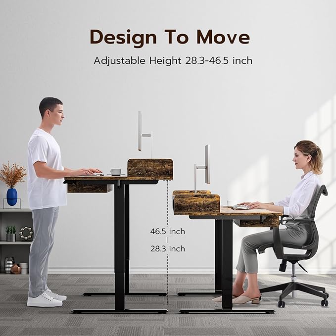 Deeper Electric Standing Desk Adjustable Height Stand Up Desk, 55" x 30" Sit Stand Desk, Quiet Home Office Desk, Large Workspace, Black table (Rustic Brown) - LeafyLoom