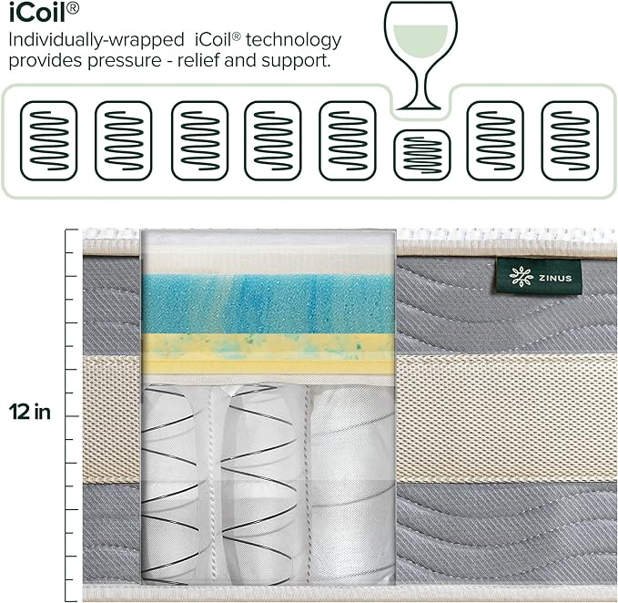 ZINUS 12 Inch Green Tea Cooling Gel Memory Foam Hybrid Mattress, Queen, Pocket Innersprings for Motion Isolation, Mattress in A Box - LeafyLoom