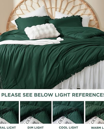 Litanika Comforter King Size Set Emerald Green, 3 Pieces Forest Green Boho Tassel Bed Comforter, All Season Oversized Bedding Comforter Sets (1 Comforter 104x90 inch, 2 Pillowcases) - LeafyLoom