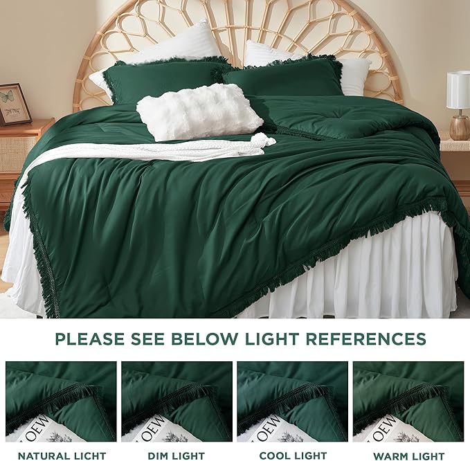 Litanika Comforter King Size Set Emerald Green, 3 Pieces Forest Green Boho Tassel Bed Comforter, All Season Oversized Bedding Comforter Sets (1 Comforter 104x90 inch, 2 Pillowcases) - LeafyLoom