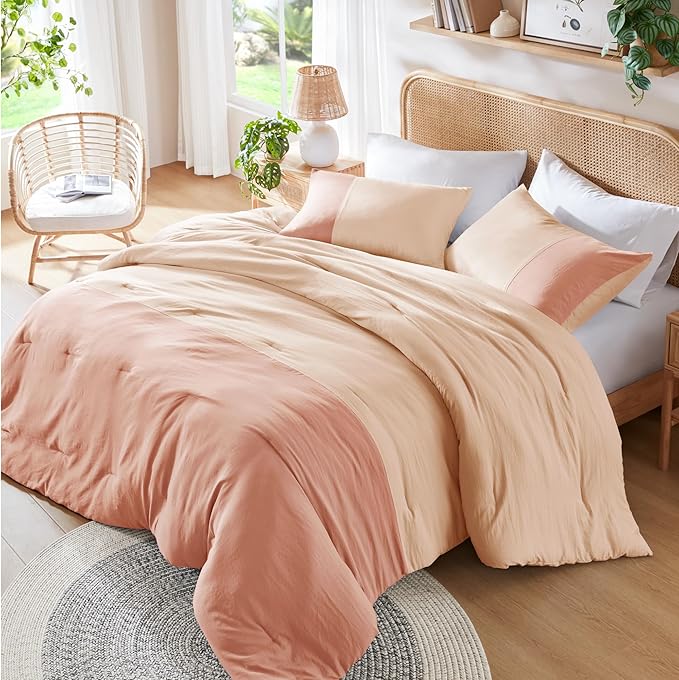 Pink Comforter Set Queen - Full Size Comforter Sets for Women, Modern Farmhouse Soft Bedding, Colorblock Pattern Bed Sets for All Season, 3 Pieces includes 1 Comforter, 2 Shams (90"x 90") - LeafyLoom