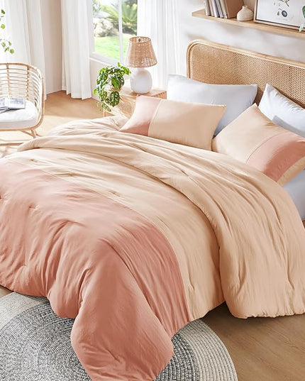 Pink Twin Comforter Set - Modern Soft Farmhouse Bedding for Teen Girls, Kids Colorblock Pattern Bed Sets for All Season, 2 Pieces includes 1 Comforter, 1 Sham (66"x 90") - LeafyLoom