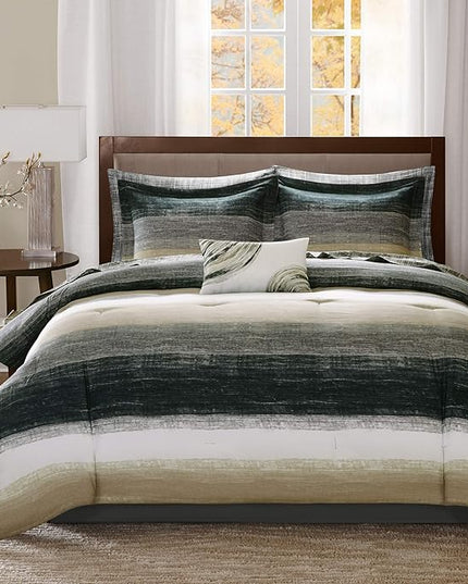 Madison Park Essentials King Comforter Set, Bed in a Bag King, Watercolor Print Coastal Comforter & Chambray Cotton Sheet Set, All Season Bedding Set, Saben, Taupe King (104 in x 92 in) 9 Piece - LeafyLoom