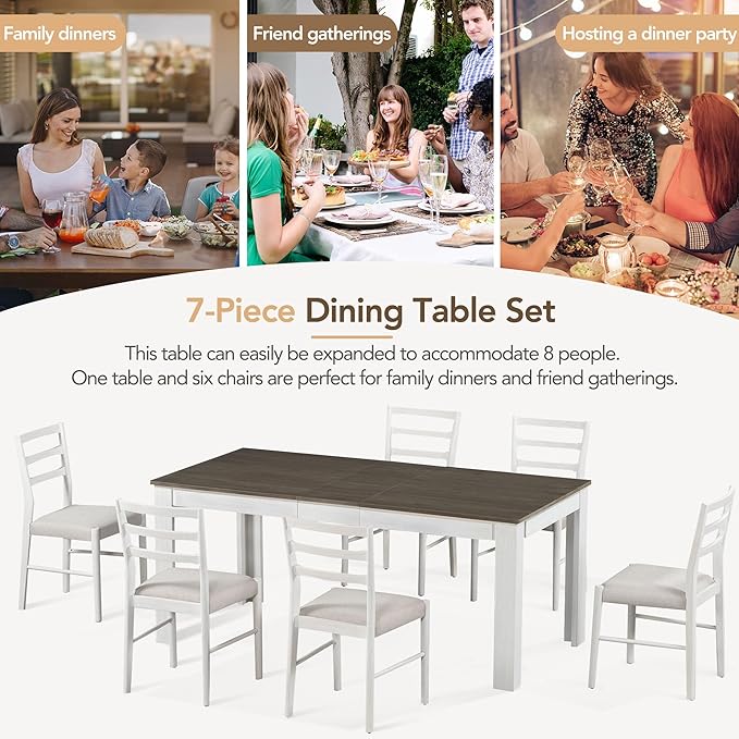 7 Piece Modern Wooden Dining Set, Include Multifunctional Extendable Table with 12” Leaf and 2 Drawers & 6 Soft Cushion Chairs, for Diningroom, Living Room, Brown+White-1 - LeafyLoom