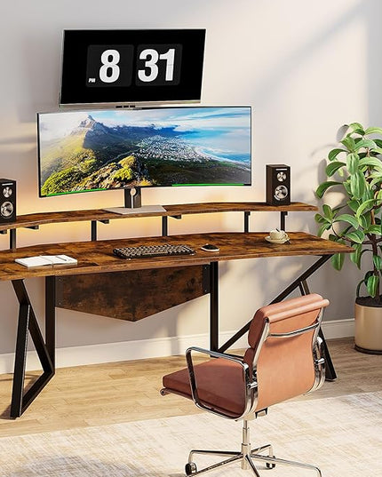 70.9" Large Computer Desk Home Office Desk Wing-Shaped Gaming Studio Desk, Rustic Brown - LeafyLoom