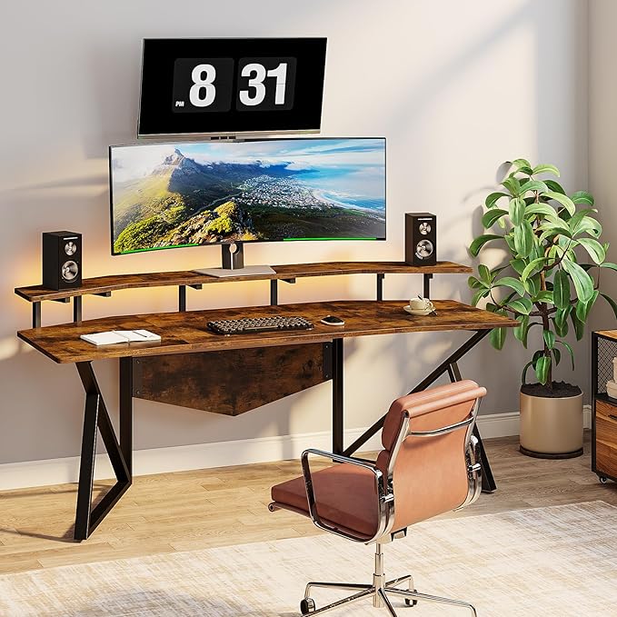 70.9" Large Computer Desk Home Office Desk Wing-Shaped Gaming Studio Desk, Rustic Brown - LeafyLoom
