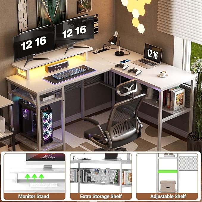 Unikito Reversible L Shaped Desk with Power Outlets and Smart LED Light, 55 Inch Computer Office Desk, Unique Grid Design, Corner Writing Gaming Table with Monitor Stand and Storage Shelf, White - LeafyLoom