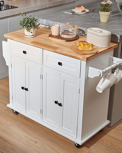 VEVOR Kitchen Island Cart with Solid Wood Top, 35.4" Width Mobile Carts with Storage Cabinet, Rolling Kitchen Table with Spice Rack, Towel Rack, and Drawer, Portable Islands on Wheels, White - LeafyLoom
