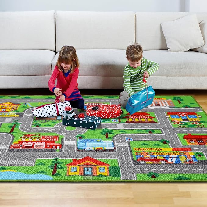 Kids Carpet Playmat Rug 78.7"x59", Car Rug for Kids Cars, Non-Slip Town City Road Map Kids Rug for Playroom Bedroom Boys, Kids Car Mat Road Rug, Track Rug Car Play Rug for Kids (78.7X59 INCH) - LeafyLoom