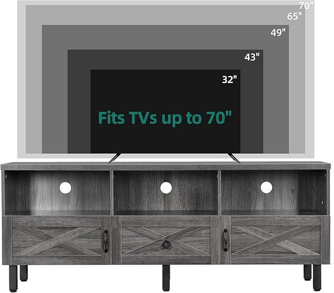 YITAHOME Mid-Century TV Stand for 70/65/60/55 inch, Boho Wood TV Table Farmhouse Media Console with Storage Cabinet and Open Shelves for Living Room, Bedroom, 65 inch, Grey - LeafyLoom