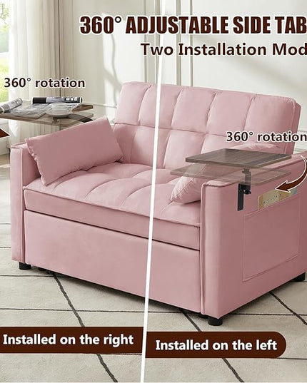 3 in 1 Loveseat Sofa Bed, Pull Out Couch Sleeper with Storage, Full Size Velvet Convertible Chair with 2 Pockets & 2 Pillows for Living Room, Pink - LeafyLoom