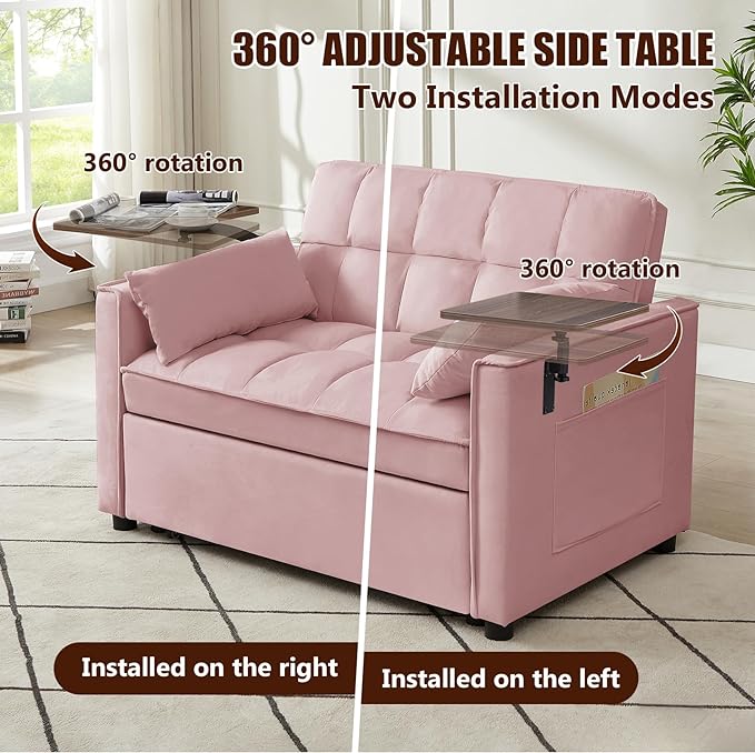 3 in 1 Loveseat Sofa Bed, Pull Out Couch Sleeper with Storage, Full Size Velvet Convertible Chair with 2 Pockets & 2 Pillows for Living Room, Pink - LeafyLoom
