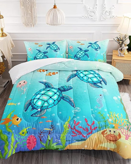 Turtle Comforter Set Full Ocean Watercolor Sea Turtle Bedding Set Nautical Sea Animal Reptile Bed Set with 2 Pillowcases for Kids Room Decor - LeafyLoom
