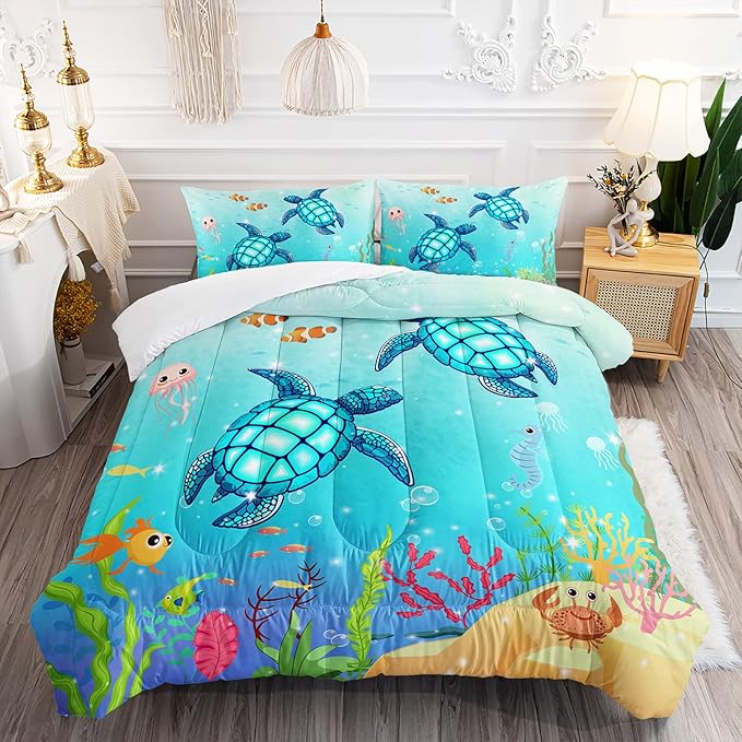 Turtle Comforter Set Queen Ocean Watercolor Sea Turtle Bedding Set Nautical Sea Animal Reptile Bed Set with 2 Pillowcases for Kids Room Decor - LeafyLoom