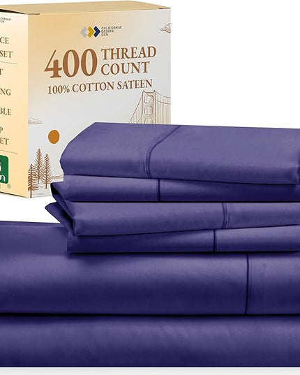 California Design Den 6-Pc King Size Sheet Set with 4 Pillowcases - Soft 400 Thread Count 100% Cotton Sheets, Cooling Sateen Weave, Luxury Deep Pocket Bedsheets Set - Dark Purple - LeafyLoom