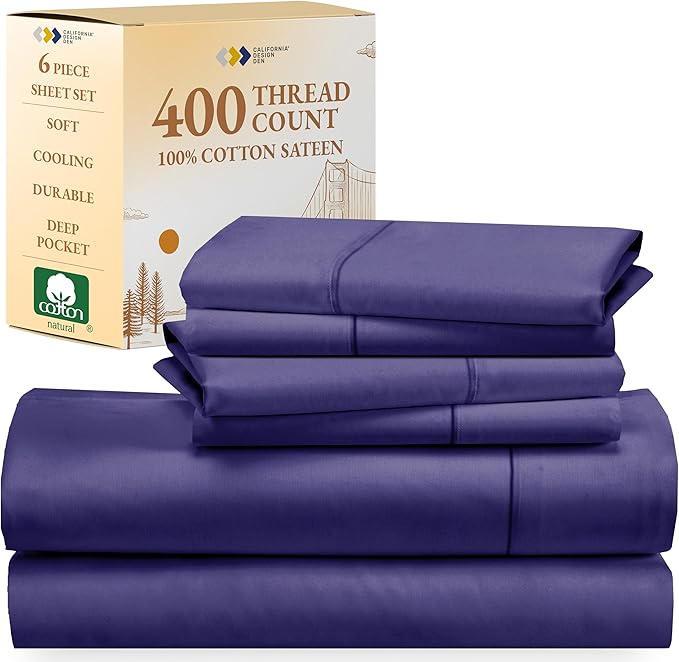 California Design Den 6-Pc King Size Sheet Set with 4 Pillowcases - Soft 400 Thread Count 100% Cotton Sheets, Cooling Sateen Weave, Luxury Deep Pocket Bedsheets Set - Dark Purple - LeafyLoom