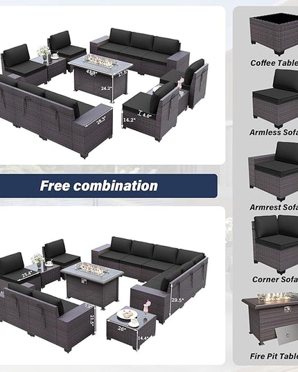 Patio Furniture Sectional Sofa Set 13PCS PE Rattan Patio Conversation Set w/43in Gas Fire Pit Table, Outdoor Furniture with 55000 BTU Propane Fire Pit, Black - LeafyLoom