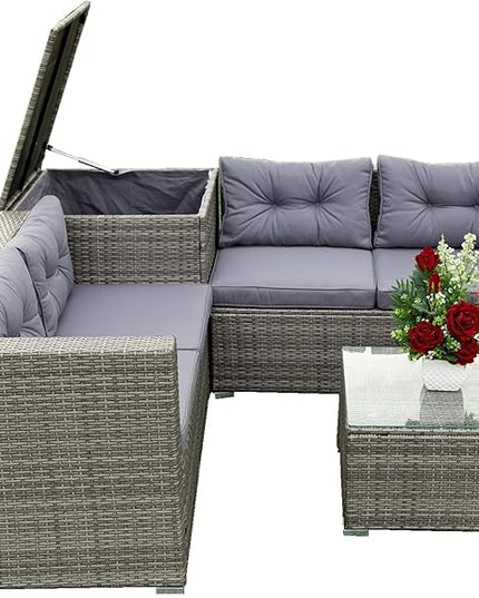 4 Piece Outdoor Furniture Set Wicker Rattan Patio Sectional Sofa with Storage Box and Table for Garden, Backyark, Porch Deck, Balcony, Grey - LeafyLoom