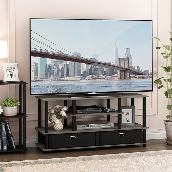 Furinno JAYA Large Stand for up to 55-Inch TV, French Oak, 47. 63(W) x 15. 55(H) x 22. 79(D) Inches., Grey/Black - LeafyLoom