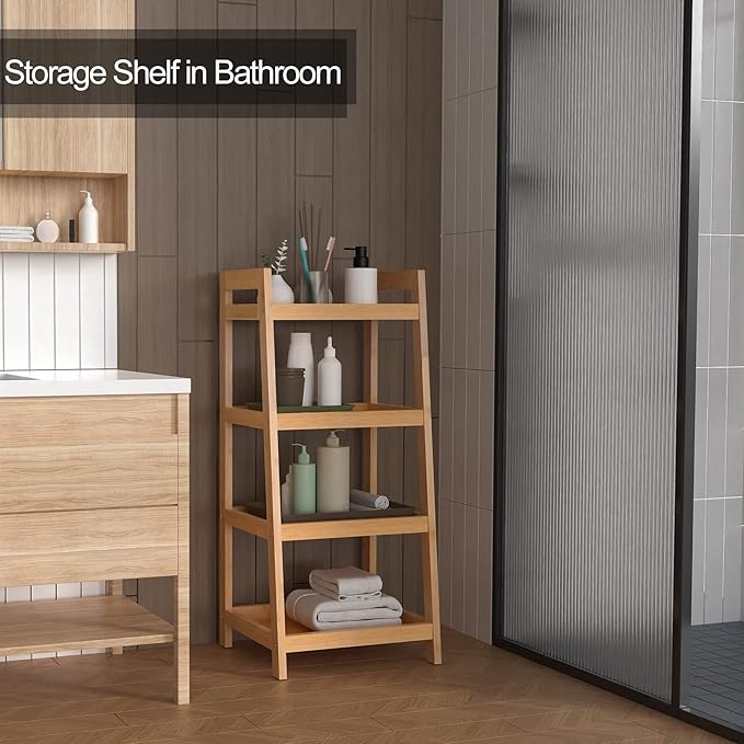 Bamboo Bookshelf, 4 Tier Ladder Shelf, Freestanding Storage Shelf Rack for Bathroom, Kitchen, Living Room - LeafyLoom