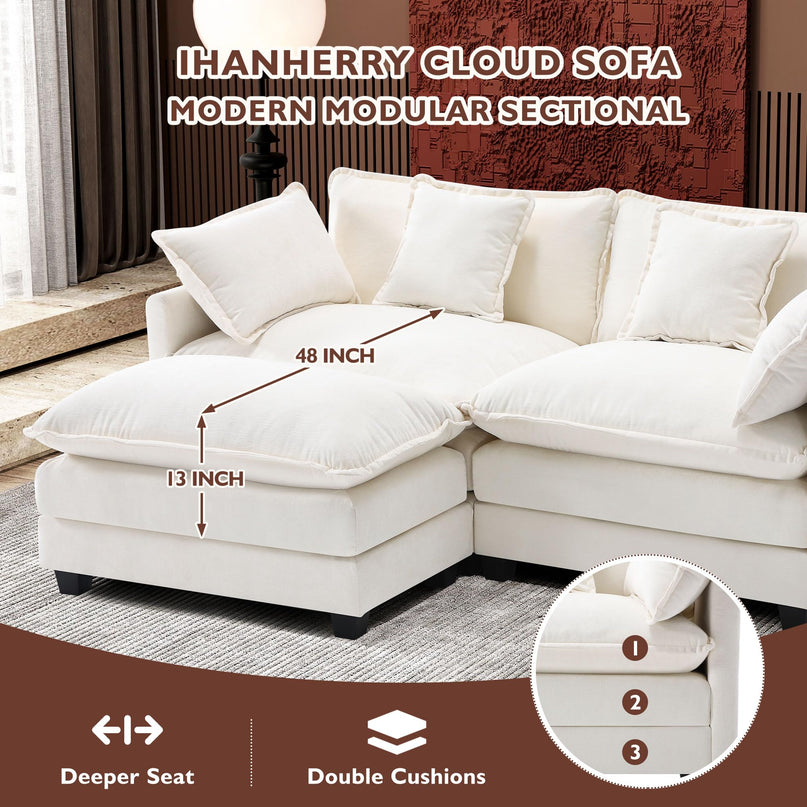 Ihanherry 111.4" L Shaped Modern Sofa Modular Sectional Cloud Couch with Ottoman, 4-Seat Chenille Deep Seat Sofa with Pillow for Living Room, Bedroom and Apartment, Beige LeafyLoom