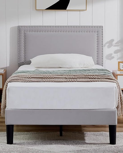 VECELO Twin Size Platform Bed Frame with Adjustable Upholstered Headboard, Modern Mattress Foundation, Strong Wood Slat Support, No Box Spring Needed, Easy Assembly - LeafyLoom