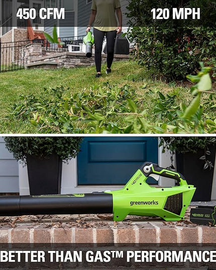 Greenworks 40V (120 MPH / 450 CFM) Axial Blower, 4.0Ah USB Battery (USB Hub) and Charger Included - LeafyLoom