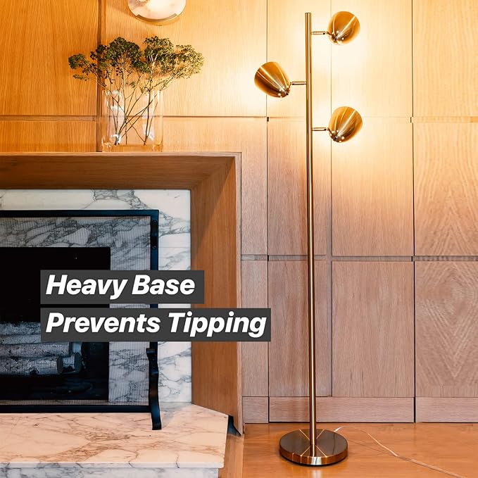 Brightech Jacob LED Standing Lamp, Modern Bright Floor Lamps for Living Rooms & Bedrooms, Tall LED Lighting Lamp with Adjustable 3 Light Tree – Antique Brass/Gold - LeafyLoom