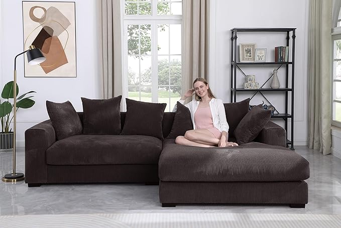 110" Modern L-shaped Sectional Sofa with Big Chaise,Upholstered Sleeper Couch W/ 6 Throw Pillows & Generously Armrests,Easy Assembly,Spacious Loveseat for Living Room Apartment Home,Dark Brown - LeafyLoom