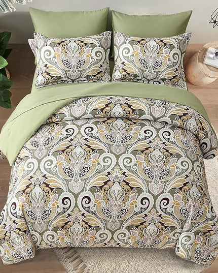 Yiran Sage Green Paisley Comforter Set King 7 Pieces Bed in a Bag Boho Comforter Lightweight Microfiber Bedding Set (1 Comforter, 1 Flat Sheet, 1 Fitted Sheet, 2 Pillowcases, 2 Pillow Shams) - LeafyLoom