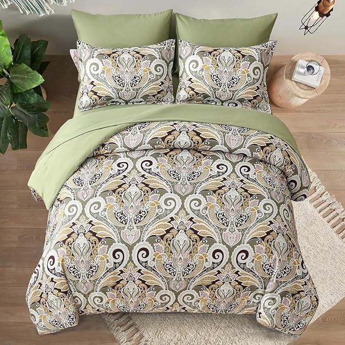 Yiran Sage Green Paisley Comforter Set Queen 7 Pieces Bed in a Bag Boho Comforter Lightweight Microfiber Bedding Set (1 Comforter, 1 Flat Sheet, 1 Fitted Sheet, 2 Pillowcases, 2 Pillow Shams) - LeafyLoom