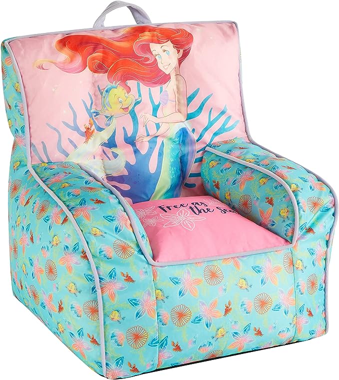 Idea Nuova Disney Little Mermaid Kids and Toddler Canvas Bean Bag Chair with Piping & Top Carry Handle - LeafyLoom