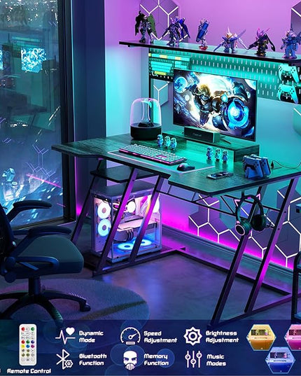 armocity Gaming Computer Desk with Storage Shelves & Z-Shaped Legs, Gaming Desk with Hutch and LED Lights, Reversible PC Gaming Desk with Pegboard for Bedroom & Small Spaces, 47'', Grey Oak - LeafyLoom