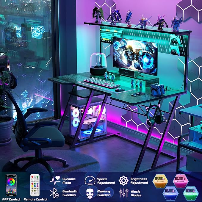 armocity Gaming Computer Desk with Storage Shelves & Z-Shaped Legs, Gaming Desk with Hutch and LED Lights, Reversible PC Gaming Desk with Pegboard for Bedroom & Small Spaces, 47'', Grey Oak - LeafyLoom