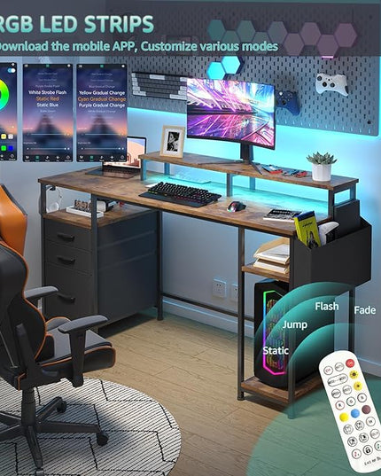 Lufeiya Computer Desk with Fabric File Drawers Cabinet, 55 Inch Home Office Desk with Shelves Monitor Stand, Study Writing Gaming Desks with Led Light Power Outlets for Bedroom, Rustic Brown - LeafyLoom