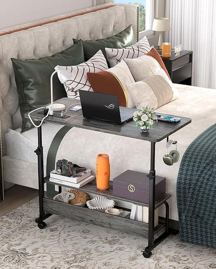 32" Height Adjustable Standing Desk with Power Outlets - Manual Rolling Stand Up Desk with Wheels Small Portable Computer Desk Mobile Laptop Table with Storage Shelves for Home Office, Grey Oak - LeafyLoom